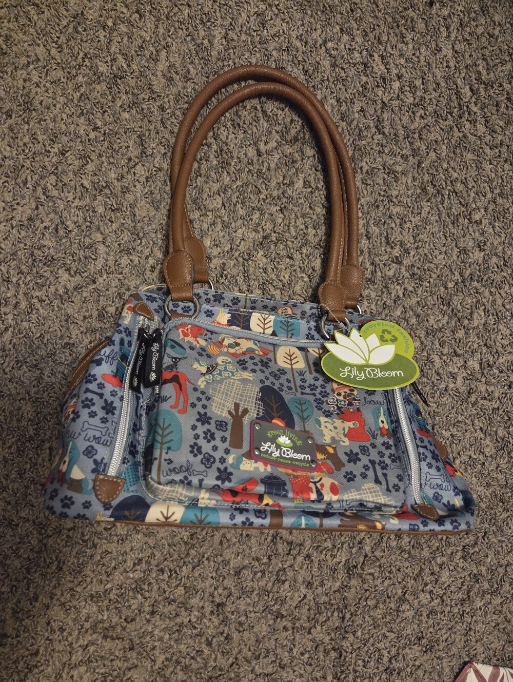Lily Bloom Blue Woodland Print Shoulder Bag with Brown Handles